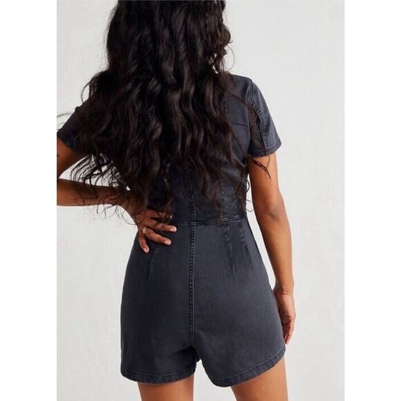 NWT Free People CRVY Lennox Shortsuit Romper Dark Gray Denim, Zip-Up, Size 8 - Picture 2 of 14